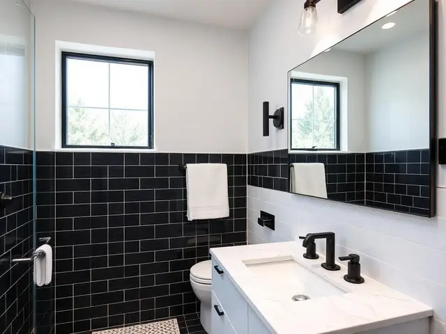 Black and white modern bathroom renovation with matte black fixtures in North Bend OR – Premier Coastal Construction
