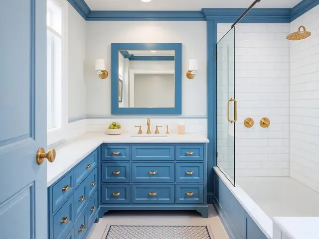 Coastal blue vanity bathroom remodel with brass fixtures in North Bend OR – Premier Coastal Construction
