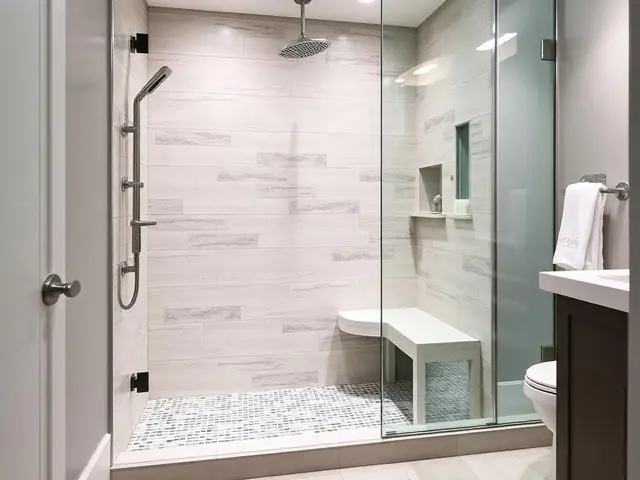 Curbless accessible shower remodel with mosaic tile and bench in Coos Bay OR – Premier Coastal Construction