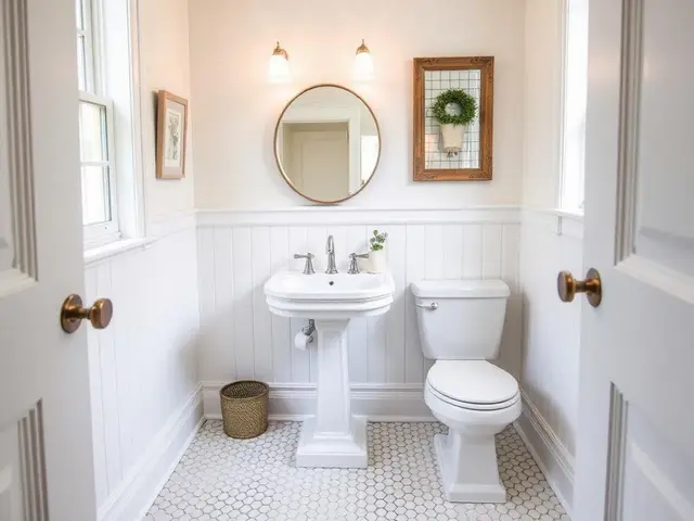 Guest bathroom remodel with hexagonal floor tile and wainscoting in Coos Bay OR – Premier Coastal Construction