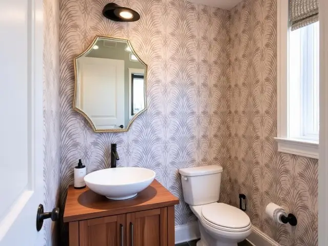 Stylish powder room remodel with vessel sink and accent wallpaper in North Bend OR – Premier Coastal Construction