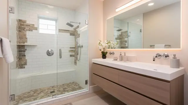 Modern bathroom remodel with walk-in tile shower in North Bend OR – Premier Coastal Construction