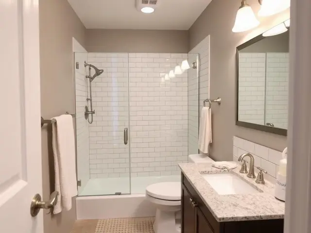 Subway tile shower bathroom renovation with granite vanity in North Bend OR – Premier Coastal Construction