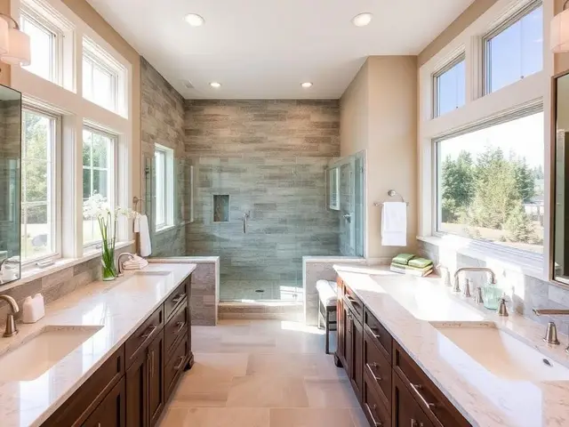 Master bathroom with separate tub and shower and dual vanities in Coos Bay OR – Premier Coastal Construction