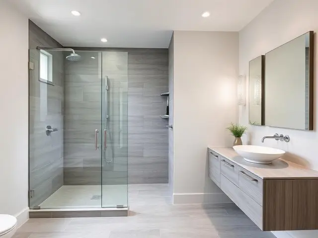Walk-in glass shower bathroom remodel with floating vanity in North Bend OR – Premier Coastal Construction