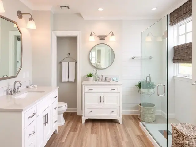 Coastal bathroom remodel with wood-look tile and frameless glass shower in Coos Bay OR – Premier Coastal Construction