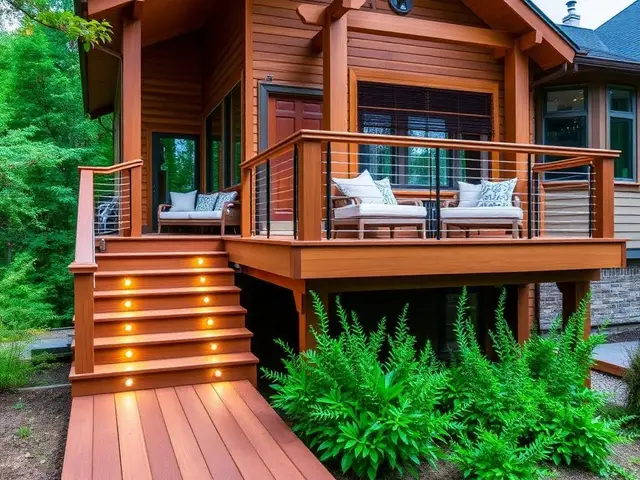 Multi-level wood deck with cable railing and stair lighting in Coos Bay OR – Premier Coastal Construction