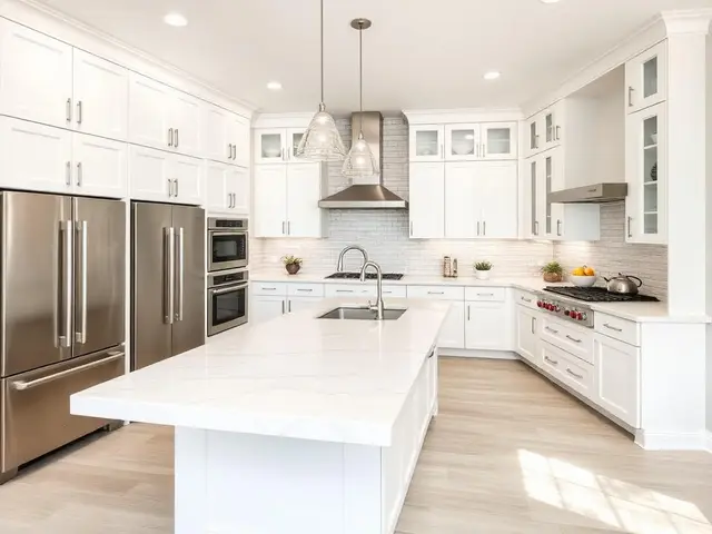 Contemporary white kitchen remodel with waterfall quartz island in North Bend OR – Premier Coastal Construction