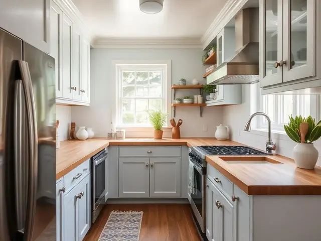 Galley kitchen remodel with gray cabinets and butcher block countertops in North Bend OR – Premier Coastal Construction