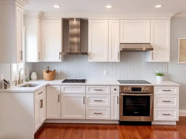 Kitchen remodel with herringbone tile backsplash and white cabinets in Coos Bay OR – Premier Coastal Construction