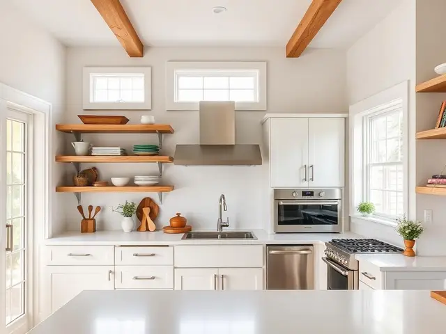 Bright coastal kitchen with open shelving and wood beam accents in North Bend OR – Premier Coastal Construction