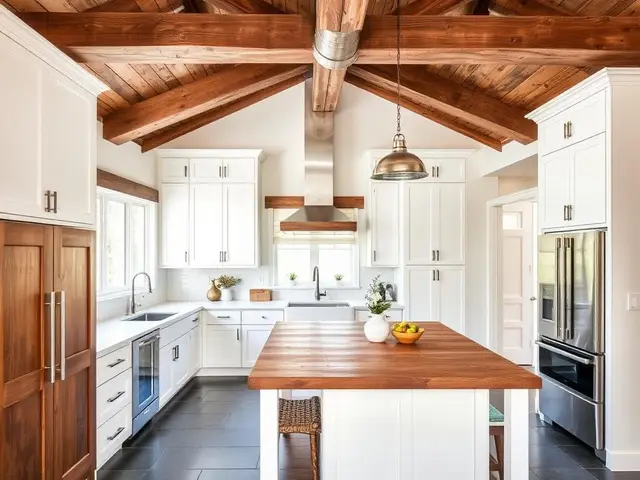 Rustic kitchen with exposed beam ceiling and butcher block island in North Bend OR – Premier Coastal Construction