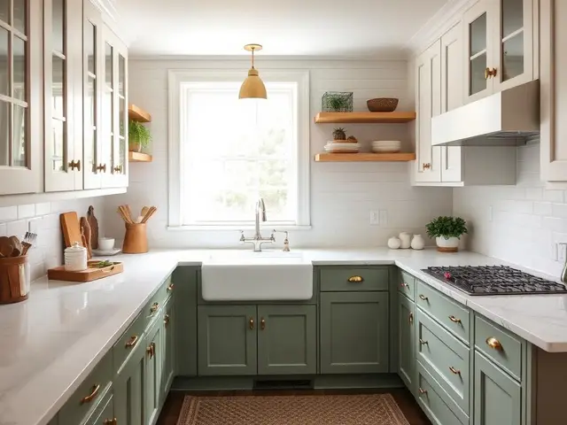 Sage green farmhouse kitchen remodel with brass hardware and farmhouse sink in Coos Bay OR – Premier Coastal Construction