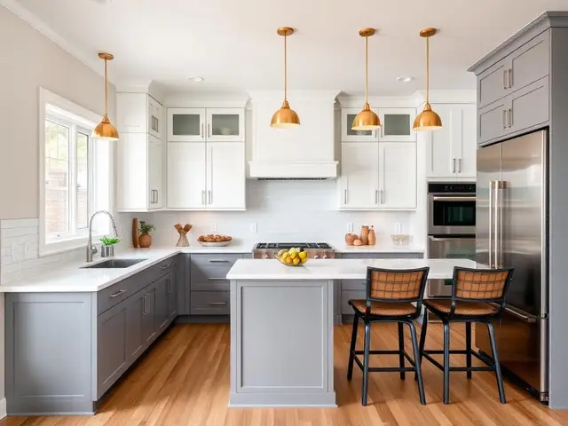Two-tone gray and white kitchen remodel with gold pendant lights in Coos Bay OR – Premier Coastal Construction