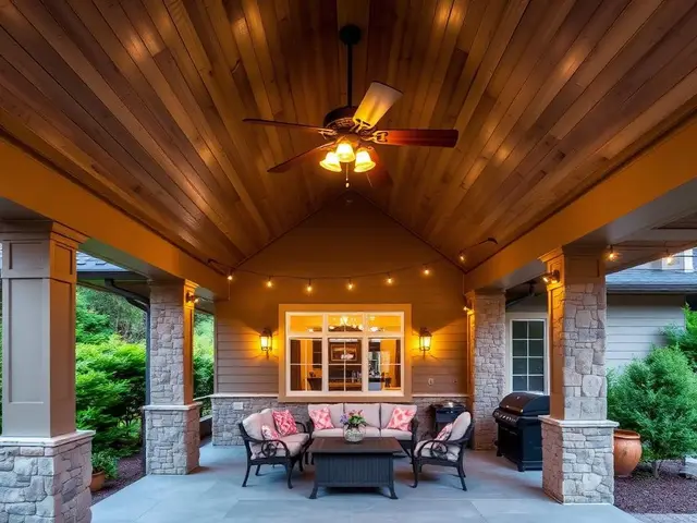 Covered patio with stone columns and tongue-and-groove ceiling in North Bend OR – Premier Coastal Construction