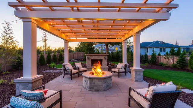 Outdoor living space with pergola and fire pit in North Bend OR – Premier Coastal Construction